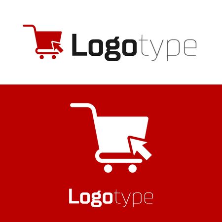 Red Shopping cart with cursor icon isolated on white background. Online buying concept. Delivery service sign. Supermarket basket symbol. Logo design template element. Vector Illustrationのイラスト素材