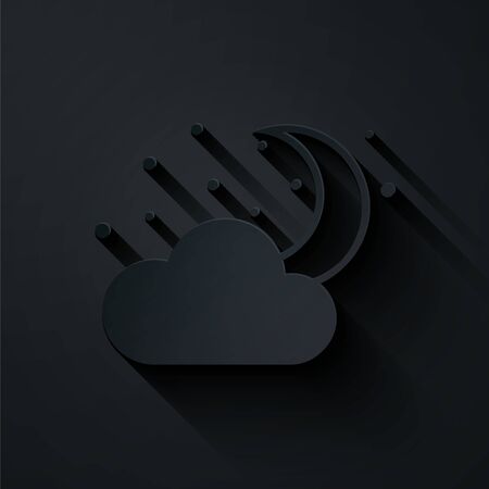 Paper cut Cloud with moon and stars icon isolated on black background. Cloudy night sign. Sleep dreams symbol. Night or bed time sign. Paper art style. Vector Illustrationのイラスト素材