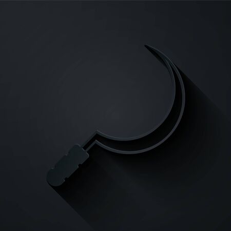 Paper cut Sickle icon isolated on black background. Reaping hook sign. Paper art style. Vector Illustrationのイラスト素材