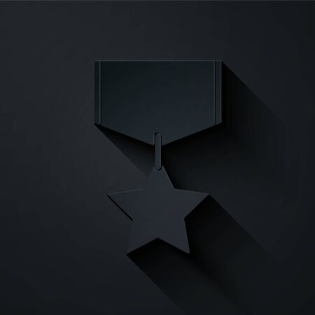 Paper cut Military reward medal icon isolated on black background. Army sign. Paper art style. Vector Illustrationのイラスト素材