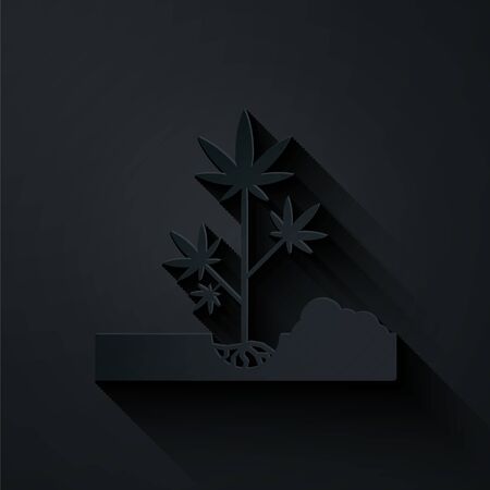 Paper cut Planting marijuana or cannabis plant in the ground icon isolated on black background. Marijuana growing concept. Hemp symbol. Paper art style. Vector Illustrationのイラスト素材