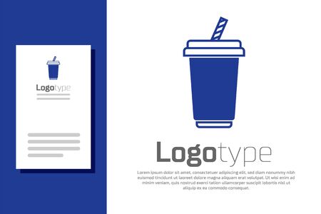 Blue Glass with water icon isolated on white background. Soda drink glass with drinking straw. Fresh cold beverage symbolのイラスト素材
