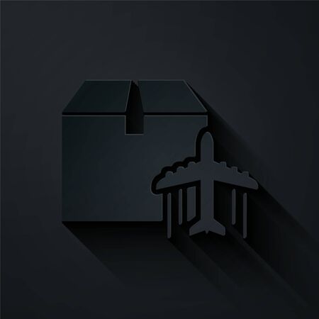 Paper cut Plane and cardboard box icon isolated on black background. Delivery, transportation. Cargo delivery by air. Airplane with parcels, boxes. Paper art style. Vector Illustrationのイラスト素材