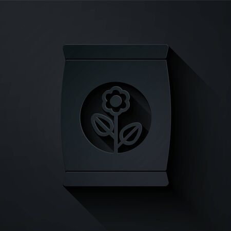 Paper cut Fertilizer bag icon isolated on black background. Paper art style. Vector Illustrationのイラスト素材