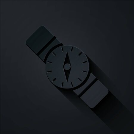 Paper cut Compass icon isolated on black background. Windrose navigation symbol. Wind rose sign. Paper art style. Vector Illustrationのイラスト素材