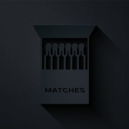 Paper cut Open matchbox and matches icon isolated on black background. Paper art style. Vector Illustrationのイラスト素材