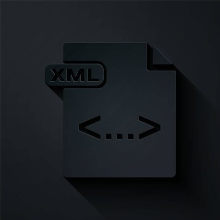 Paper cut XML file document. Download xml button icon isolated on black background. XML file symbol. Paper art style. Vector Illustrationのイラスト素材