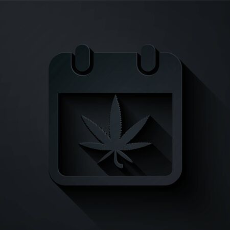 Paper cut Calendar and marijuana or cannabis leaf icon isolated on black background. National weed day. Hemp symbol. Paper art style. Vector Illustrationのイラスト素材
