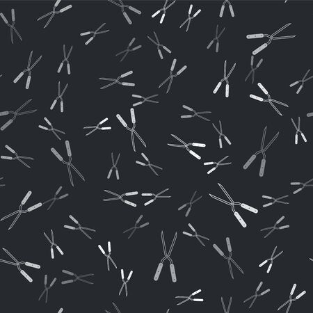 Grey Gardening handmade scissors for trimming icon isolated seamless pattern on black background. Pruning shears with wooden handles. Vector Illustrationのイラスト素材