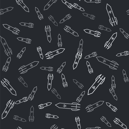Grey Biohazard rocket icon isolated seamless pattern on black background. Rocket bomb flies down. Vector Illustrationのイラスト素材
