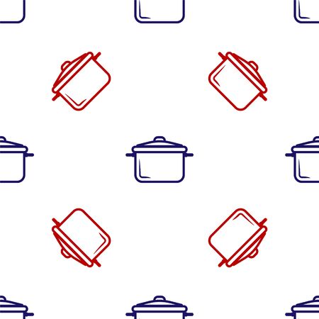 Blue and red Cooking pot icon isolated seamless pattern on white background. Boil or stew food symbol. Vector Illustrationのイラスト素材