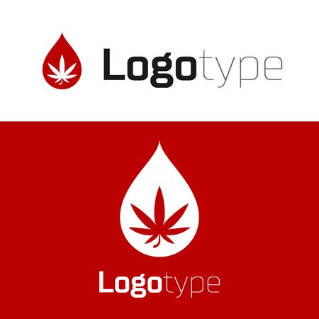 Red Medical marijuana or cannabis leaf olive oil drop icon isolated on white background. Cannabis extract. Hemp symbol.のイラスト素材