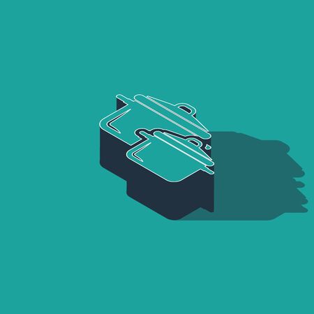 Isometric Cooking pot icon isolated on green background. Boil or stew food symbol.  Vector Illustrationのイラスト素材