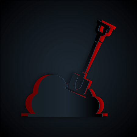 Paper cut Shovel in the ground icon isolated on black background. Gardening tool. Tool for horticulture, agriculture, farming. Paper art style. Vector Illustrationのイラスト素材