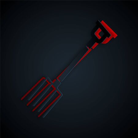 Paper cut Garden pitchfork icon isolated on black background. Garden fork sign. Tool for horticulture, agriculture, farming. Paper art style. Vector Illustrationのイラスト素材