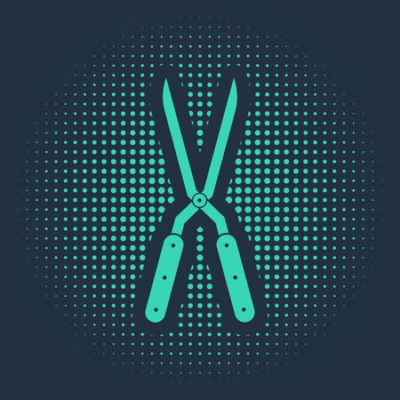 Green Gardening handmade scissors for trimming icon isolated on blue background. Pruning shears with wooden handles. Abstract circle random dots. Vector Illustrationのイラスト素材