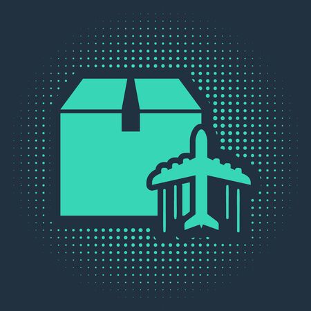 Green Plane and cardboard box icon isolated on blue background. Delivery, transportation. Cargo delivery by air. Airplane with parcels, boxes. Abstract circle random dots. Vector Illustrationのイラスト素材