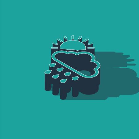 Isometric Cloud with rain and sun icon isolated on green background. Rain cloud precipitation with rain drops. Vector Illustrationのイラスト素材