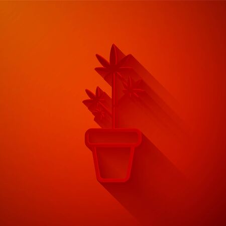 Paper cut Medical marijuana or cannabis plant in pot icon isolated on red background. Marijuana growing concept. Hemp potted plant. Paper art style. Vector Illustrationのイラスト素材