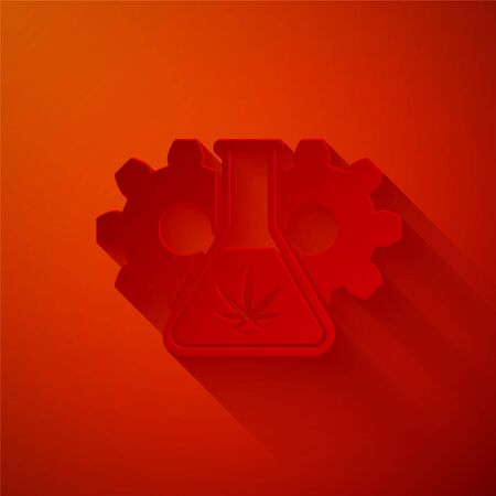 Paper cut Chemical test tube with marijuana or cannabis leaf icon isolated on red background. Research concept. Laboratory CBD oil concept. Paper art style. Vector Illustrationのイラスト素材