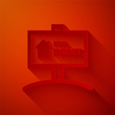 Paper cut Hanging sign with text For Rent icon isolated on red background. Signboard with text For Rent. Paper art style. Vector Illustrationのイラスト素材
