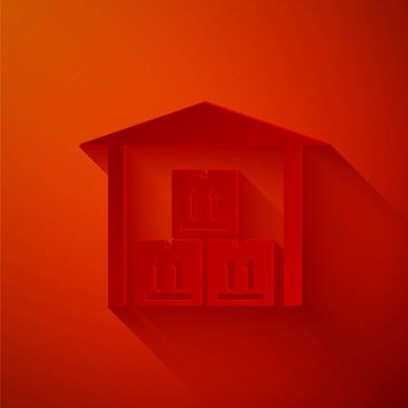 Paper cut Warehouse icon isolated on red background. Paper art style. Vector Illustrationのイラスト素材