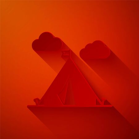 Paper cut Tourist tent with flag icon isolated on red background. Camping symbol. Paper art style. Vector Illustrationのイラスト素材