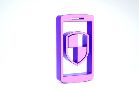 Purple Smartphone, mobile phone with security shield icon isolated on white background. 3d illustration 3D renderの写真素材
