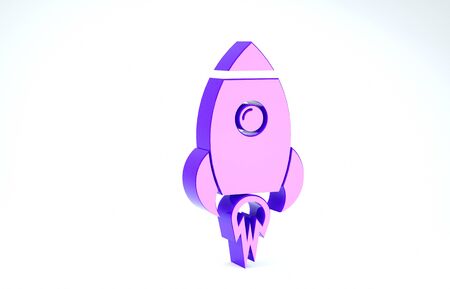 Purple Rocket ship with fire icon isolated on white background. Space travel. 3d illustration 3D renderの写真素材