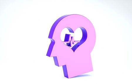 Purple Male head with a heartbeat icon isolated on white background. Head with mental health, healthcare and medical sign. 3d illustration 3D renderの写真素材