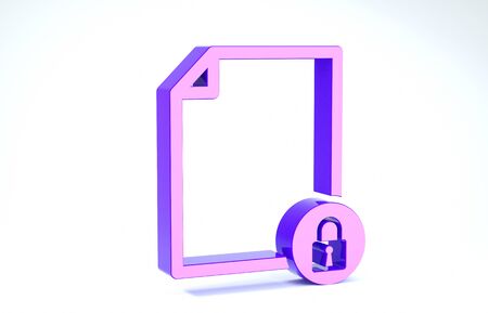 Purple Document and lock icon isolated on white background. File format and padlock. Security, safety, protection concept. 3d illustration 3D renderの写真素材