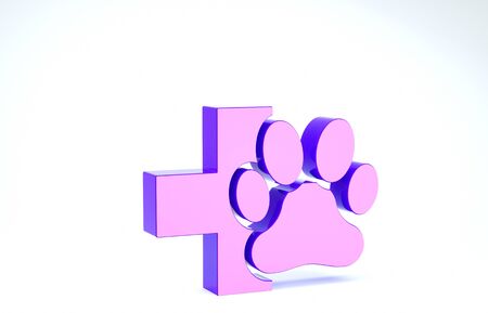 Purple Veterinary clinic symbol icon isolated on white background. Cross hospital sign. A stylized paw print dog or cat. Pet First Aid sign. 3d illustration 3D renderの写真素材
