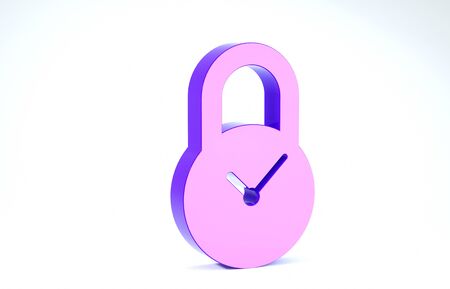 Purple Padlock with clock icon isolated on white background. Time control concept. Lock and countdown, deadline, schedule, planning symbol. 3d illustration 3D renderの写真素材