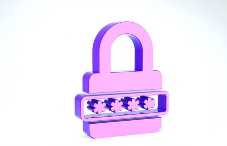 Purple Password protection and safety access icon isolated on white background. Lock icon. Security, safety, protection, privacy concept. 3d illustration 3D renderの写真素材