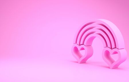 Pink Rainbow with heart icon isolated on pink background. Minimalism concept. 3d illustration 3D renderの写真素材