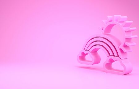 Pink Rainbow with clouds and sun icon isolated on pink background. Minimalism concept. 3d illustration 3D renderの写真素材