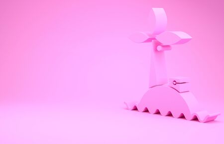 Pink Tropical island in ocean icon isolated on pink background. Landscape with ocean and palm trees. Travel. Minimalism concept. 3d illustration 3D renderの写真素材