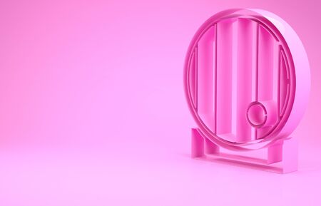Pink Wooden barrel icon isolated on pink background. Alcohol barrel, drink container, wooden keg for beer, whiskey, wine. Minimalism concept. 3d illustration 3D renderの写真素材
