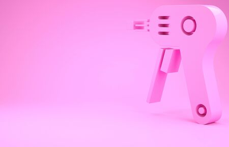 Pink Electric hot glue gun icon isolated on pink background. Hot pistol glue. Hot repair work appliance silicone. Minimalism concept. 3d illustration 3D renderの写真素材
