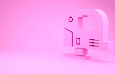 Pink Electric jigsaw with steel sharp blade icon isolated on pink background. Power tool for woodwork. Minimalism concept. 3d illustration 3D renderの写真素材
