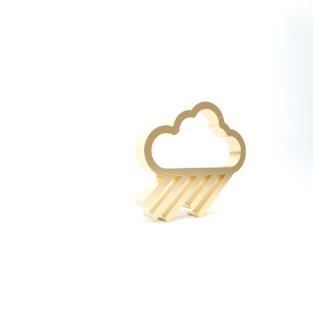 Gold Cloud with rain icon isolated on white background. Rain cloud precipitation with rain drops. 3d illustration 3D renderの写真素材