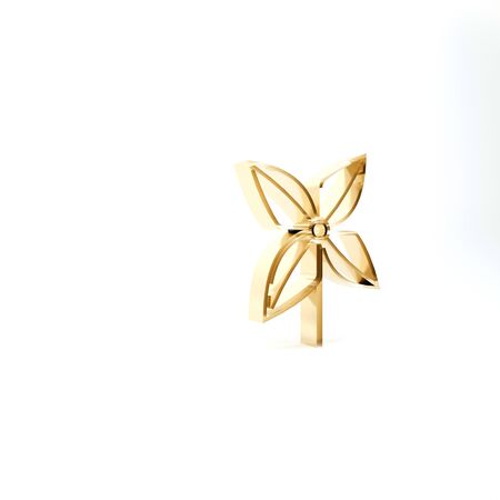 Gold Pinwheel icon isolated on white background. Windmill toy icon. 3d illustration 3D renderの写真素材