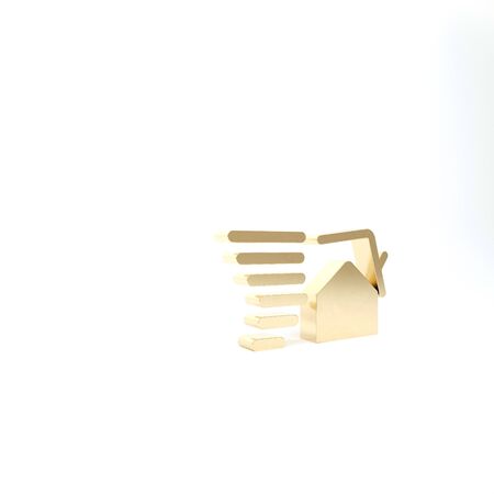 Gold Tornado swirl damages house roof icon isolated on white background. Cyclone, whirlwind, storm funnel, hurricane wind icon. 3d illustration 3D renderの写真素材