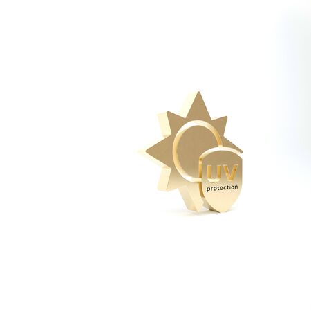 Gold UV protection icon isolated on white background. Sun and shield. Ultra violet rays radiation. SPF sun sign. 3d illustration 3D renderの写真素材