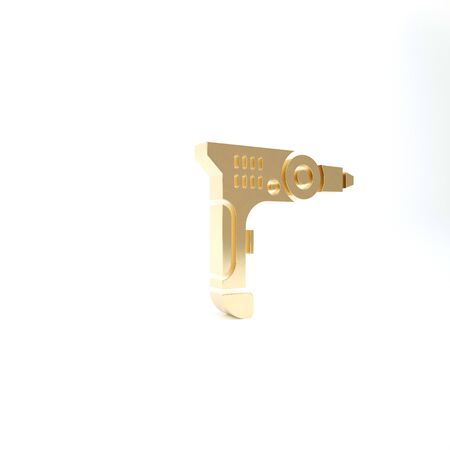 Gold Electric drill machine icon isolated on white background. Repair tool. 3d illustration 3D renderの写真素材