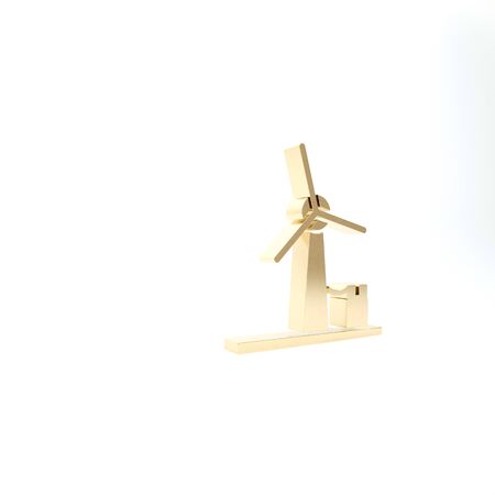 Gold Wind turbine icon isolated on white background. Wind generator sign. Windmill for electric power production. 3d illustration 3D renderの写真素材