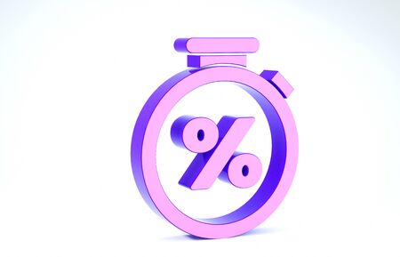 Purple Stopwatch and percent discount icon isolated on white background. Time timer sign. 3d illustration 3D renderの写真素材