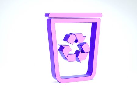 Purple Recycle bin with recycle symbol icon isolated on white background. Trash can icon. Garbage bin sign. Recycle basket sign. 3d illustration 3D renderの写真素材