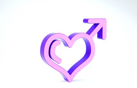 Purple Male gender symbol and heart icon isolated on white background. 3d illustration 3D renderの写真素材