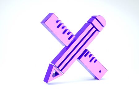 Purple Crossed ruler and pencil icon isolated on white background. Straightedge symbol. Drawing and educational tools. 3d illustration 3D renderの写真素材